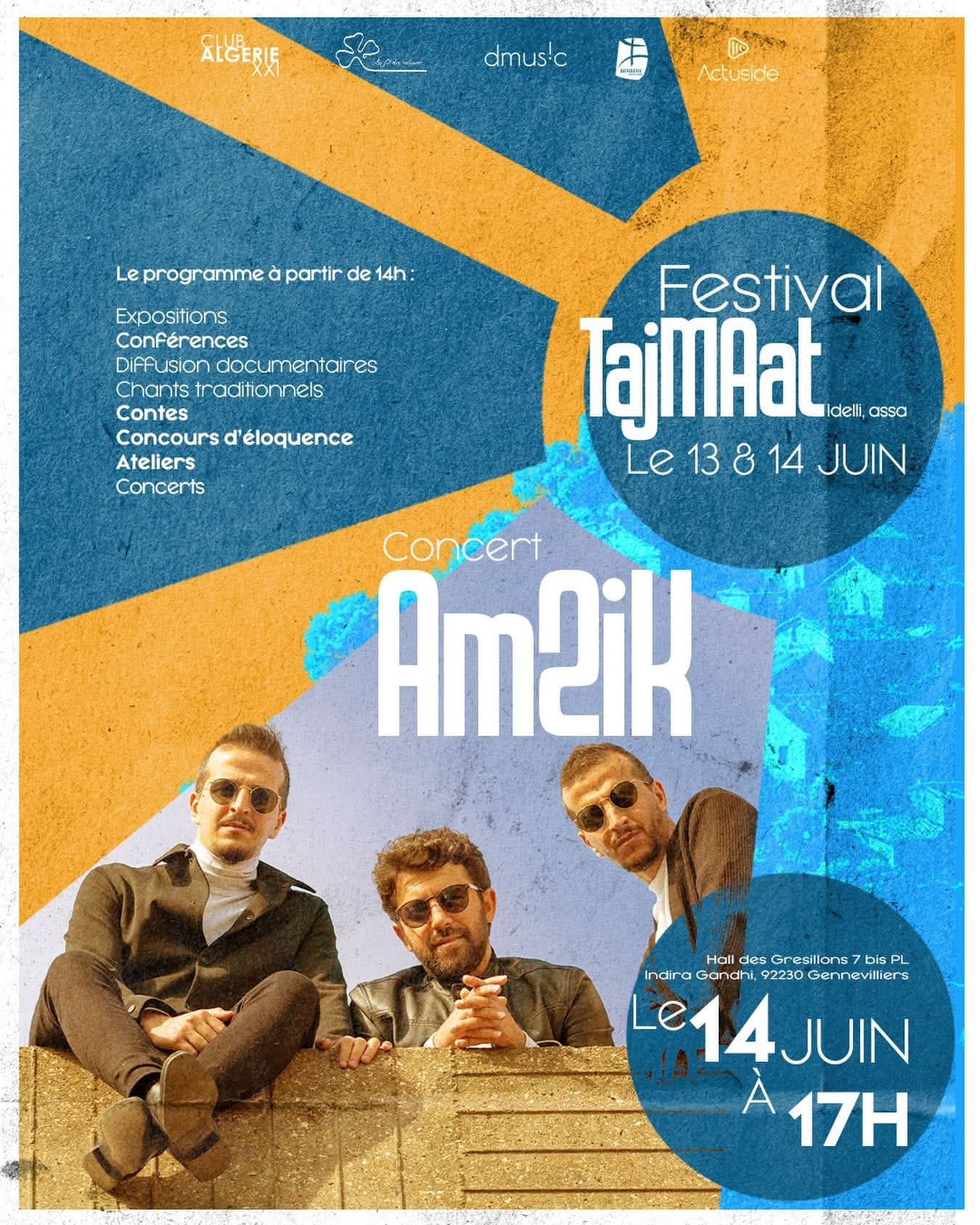 Affiche du Festival Tajmaat à la Halle des Grésillons de Gennevilliers — concert d'Amzik le 14 juin 2026 à 17h