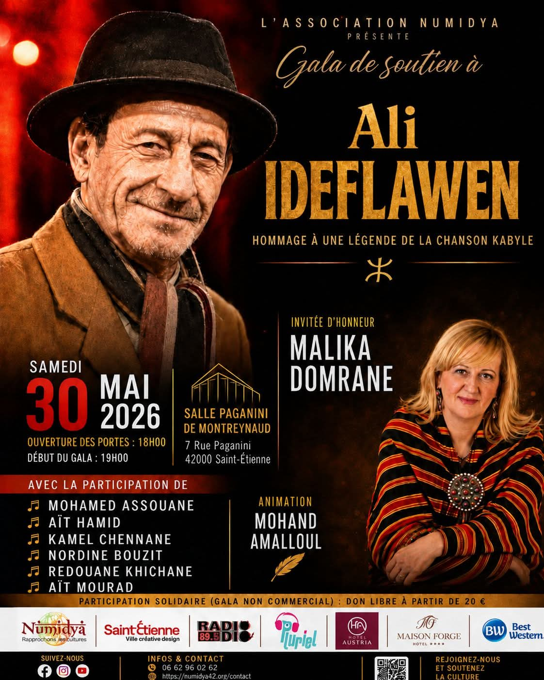 Affiche du gala de soutien à Ali Ideflawen — Salle Paganini de Montreynaud, Saint-Étienne