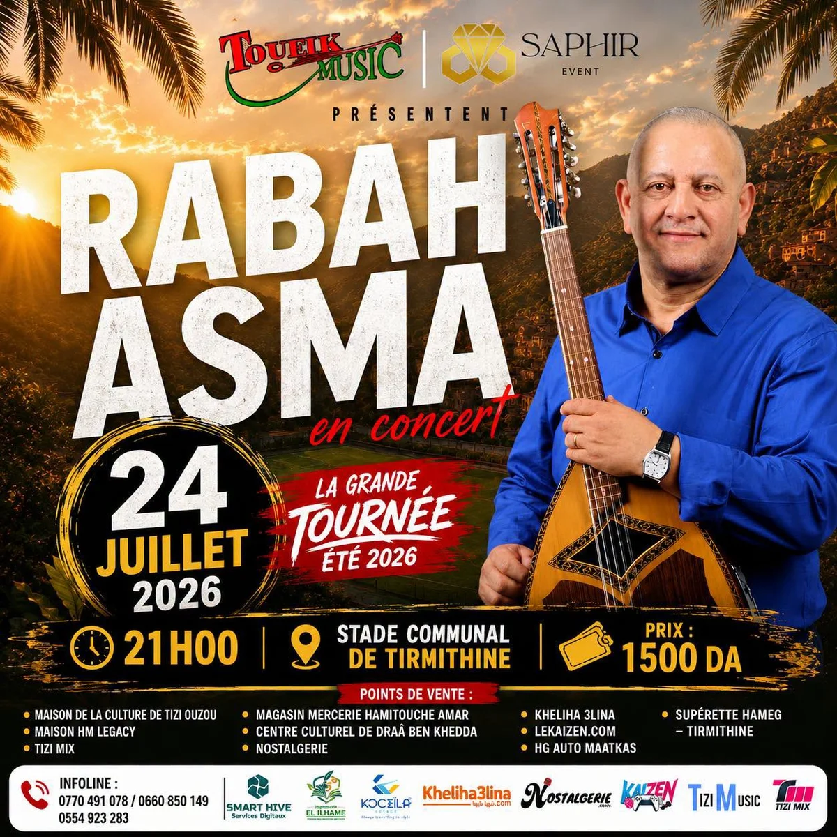 Affiche Rabah Asma en concert — Stade Communal de Tirmitine, Tizi-Ouzou, 24 juillet 2026
